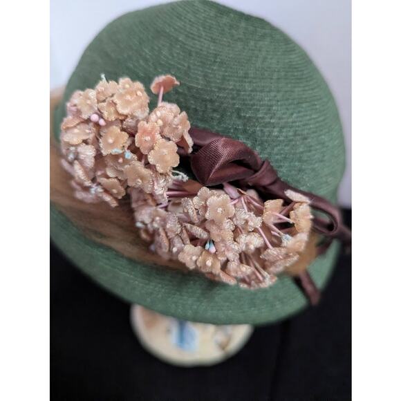 Vintage 40s 50s Forest Green Woven Cloche Bucket Hat Brown Ribbon Floral Trim main image 7